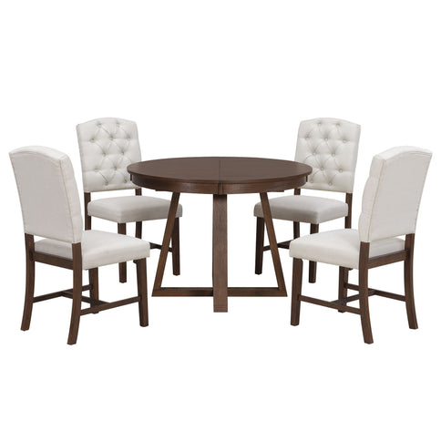 Dining Set With Leaf Round Table And 4 Upholstered Chairs