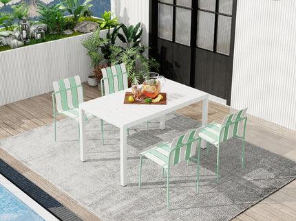 4 Piece Set Of Striped Color Blocking Single Chairs With Long Table - Cream White / Haze Green / White