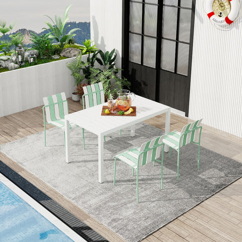 4 Piece Set Of Striped Color Blocking Single Chairs With Long Table - Cream White / Haze Green / White