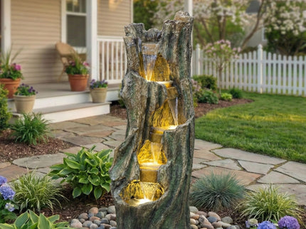 Tree Trunk Cascading Water Fountain, Outdoor LED Lighted - Gray