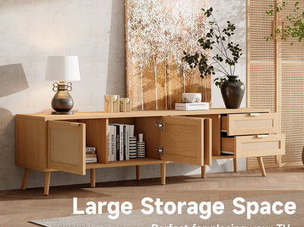 TV Stand, Media Console, 2 Drawers & Cable Management - Natural Wood