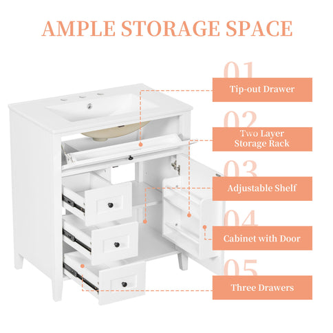 Modern Bathroom Vanity With Sink, 3 Drawers And Adjustable Shelf