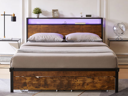 Modern Metal Platform Bed Frame With Wooden Headboard And Footboard, USB Charging Station, LED Lights, 2 Drawers
