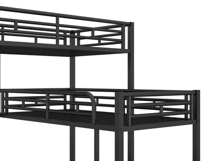 L-Shaped Triple Twin Size Bunk Bed, Industrial Design With Integrated Ladder And Full Length Guardrails - Black