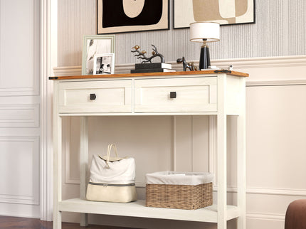 Farmhouse Style Console Table With 2 Drawers And Bottom Storage Shelf