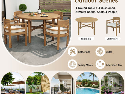 5 Piece Round Patio Table & Cushioned Armrest Chairs, Outdoor Dining Set With Umbrella Hole