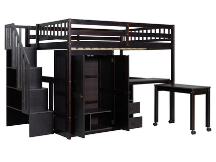 Loft Bed With Stairs, Bookshelf, Drawers, Desk & Wardrobe, Space Saving Multifunctional Furniture