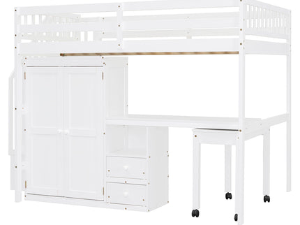 Loft Bed With Stairs, Bookshelf, Drawers, Desk & Wardrobe, Space Saving Multifunctional Furniture