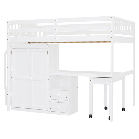 Loft Bed With Stairs, Bookshelf, Drawers, Desk & Wardrobe, Space Saving Multifunctional Furniture