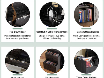 Eco-Friendly Vinyl Record Player Stand With Flip-Top Storage, Media Console With Dual Outlets And Dustproof Drawers