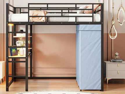 Loft Bed With Desk, Shelves, Power Outlet, LED Light And Wardrobe