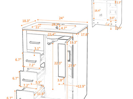 Bathroom Vanity With Integrated Sink, Rectangular Cabinet With 1 Door And 3 Drawers
