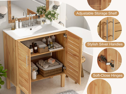 Bathroom Vanity With Ceramic Sink, Freestanding Cabinet - Antique Natural / Brown