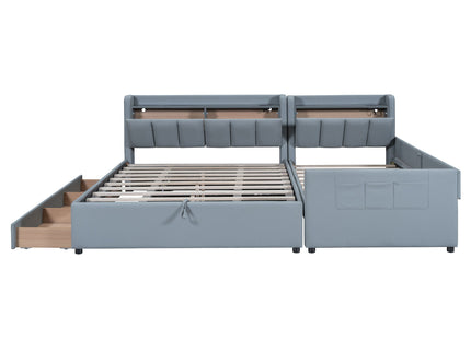 Upholstered Mother & Child Bed With Hydraulic Storage System, Drawer Box, Bedhead Storage Shelf And 2 Pairs Of Sockets & USB Ports