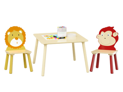 Kids Table And 2 Chairs Set, 3 Pieces Toddler Table And Chair Set, Wooden Activity Play Table Set (Lion&Monkey) - Natural