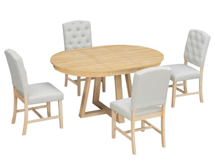 Dining Set With Leaf Round Table And 4 Upholstered Chairs
