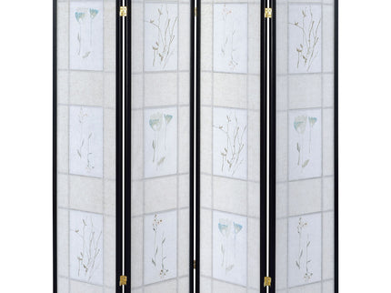 4 Panel Folding Screen With Floral Motif - Black