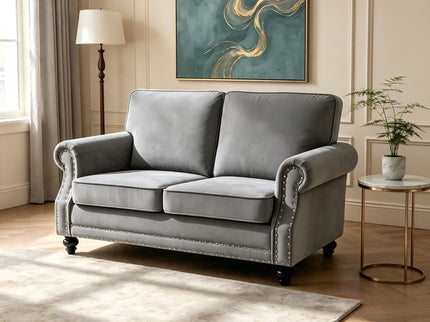 Loveseat Sofa With Nailhead Detail & Turned Legs, 2 Seater Upholstered Couch
