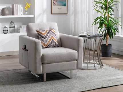 Victoria - Fabric Armchair With Metal Legs, Side Pockets, And Pillow