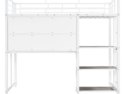 Metal Loft Bed With Desk, 3 Shelves And Ladder