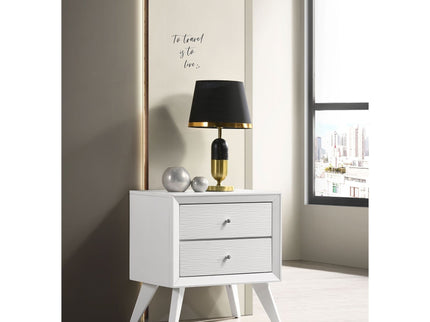 Nightstand With Angled Legs, Round Knobs, Wave Texture, 2 Drawer Bedside Table - White