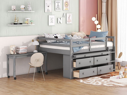 Loft Bed With Retractable Writing Desk And 4 Drawers, With Lateral Portable Desk And Shelves