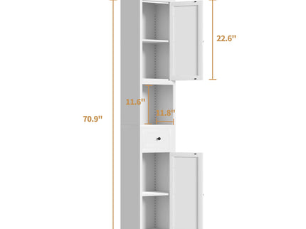 Tall Bathroom Storage Cabinet, 5-Tier Narrow With 2 Doors & Adjustable Shelves, Freestanding - White