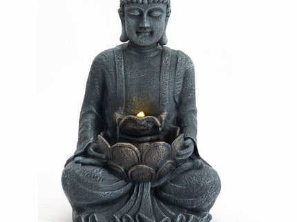 Zen - 2 Tier Meditating Buddha Water Fountain With Pump & LED Light - Gray