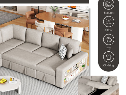 U-Shaped Sectional Sofa Pull-Out Sofa Bed With Two USB Ports, A Storage Chaise Lounge And Four Back Pillows For Living Room