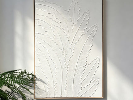Framed Botanical Leaf Wall Art, Thick Textured Canvas Painting, Neutral Decor For Living Room - White