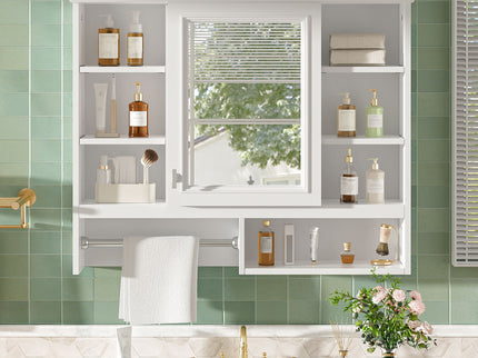 Wall Mount 2 In 1 Mirror Cabinet With Adjustable Shelves, Open Storage, For Bathroom Vanity - White