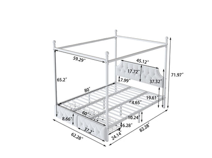 Queen Size Canopy Platform Bed With Upholstered Headboard And 2 Storage Drawers - White