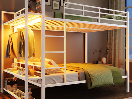 Bunk Bed With Storage Shelves, Clothes Hooks, LED Light