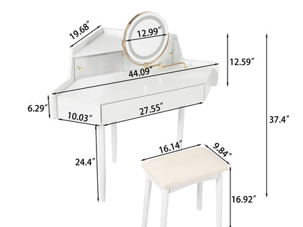 Modern Corner Makeup Vanity Desk With Large Storage, LED Mirror & Stool, Adjustable Brightness, Space Saving - White