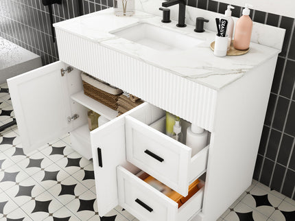 Bathroom Vanity Set, Fluted Cabinet With Soft Close Doors & Drawers, 3 Faucet Holes, Sink Included - White