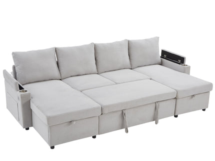 U Shaped Sectional Sofa Bed With Storage Chaise Lounges, USB Ports, And Cup Holders