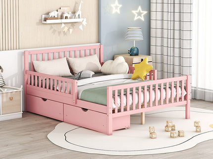 Platform Bed With Guardrails On Both Sides And 2 Storage Drawers
