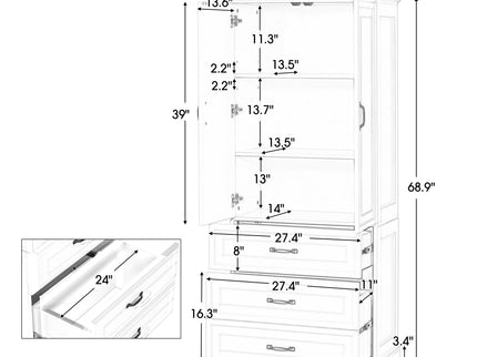 Tall Bathroom Storage Cabinet With 2 Doors And Drawers, Adjustable Shelf - White