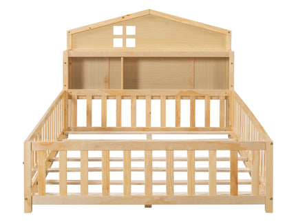 Full Size Montessori Floor Bed With Bookcases And boards, Solid Wood Platform Bed With Guard Rails And Storage Headboards - Natural