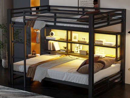 Queen Over Queen Bunk Bed With Storage Cabinets And LED Sturdy Frame, 6 Storage Units, Adjustable LED Lights - Black