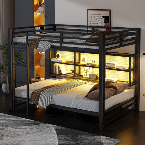 Queen Over Queen Bunk Bed With Storage Cabinets And LED Sturdy Frame, 6 Storage Units, Adjustable LED Lights - Black