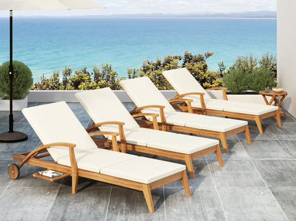 Versatile Chaise Lounge With Wheels Acacia Wood Recliner For Patio - Cream