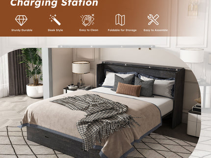 Full Murphy Bed With Storage Drawers, Charging Station, Foldable Panels, And Silent Swivel Wheels