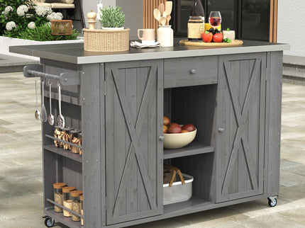 Outdoor Kitchen Island With Stainless Steel Top, Ample Storage Space, Towel And Spice Racks And A Bottle Opener