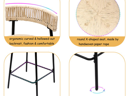 Boho Style Handwoven Paper Rope Counter Stools (Set of 2)