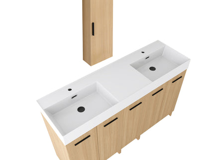 Double Sink Bathroom Vanity Set With Tall Linen Cabinet, Extra Large Storage, Integrated Sink, Freestanding Cabinet - Light Oak / White