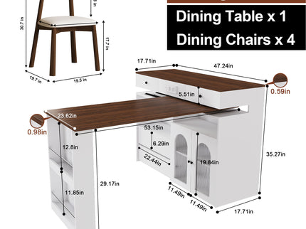 Retro Kitchen Island Set With Chairs, Extendable & Rotating Table, 4 Drawers & Door Cabinets