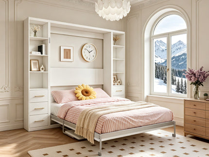 Queen Size Murphy Wall Bed With Side Storage Cabinets - White