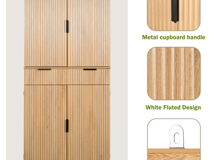 Fluted Kitchen Pantry Cabinet With 3 Keyboard Drawers & 6 Door Shelves Adjustable