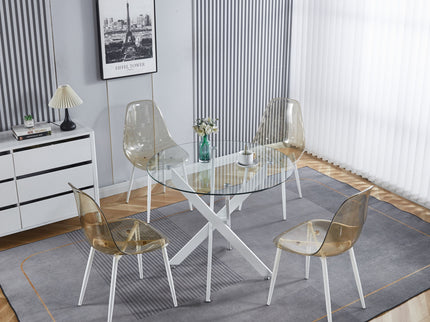 Dining Table With Cross Metal Leg And Tempered Glass, Modern Space Saving Kitchen Table For Living Room